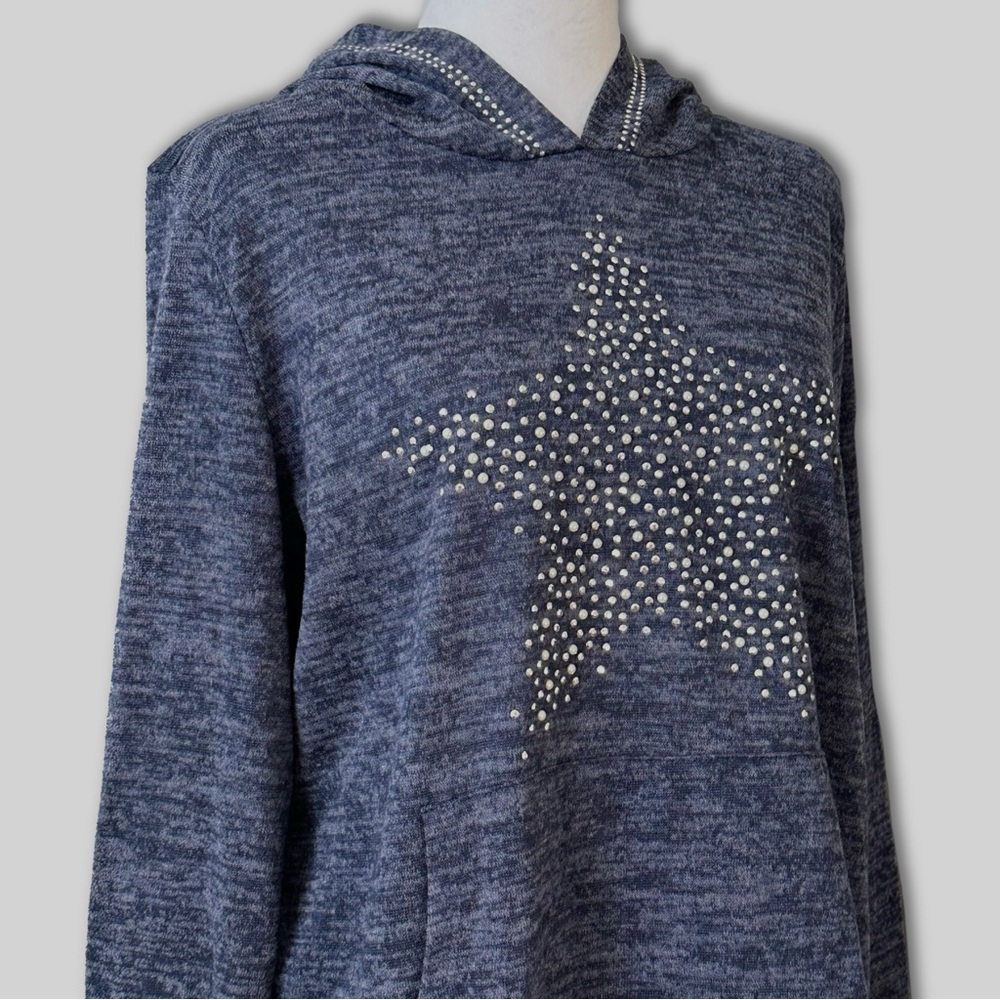 SJS Navy Blue Star Rhinestone Hoodie Sweater, Size XL